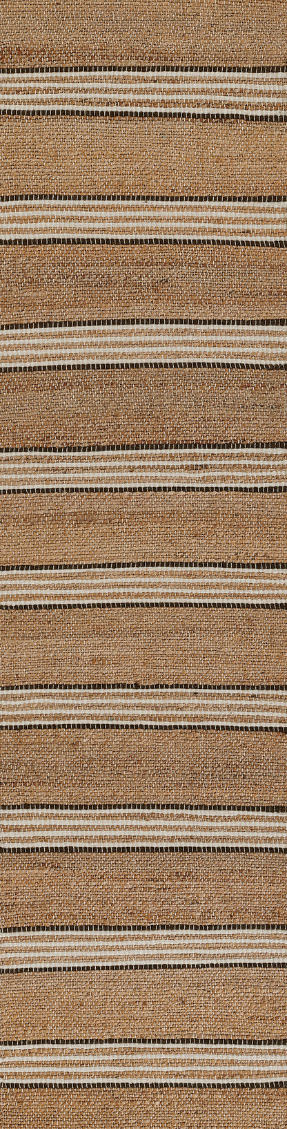 Natural tan woven rug with cream and dark brown horizontal stripes; textured jute-style material.