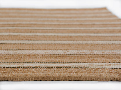 Brown striped jute rug with beige bands, textured woven floor runner.