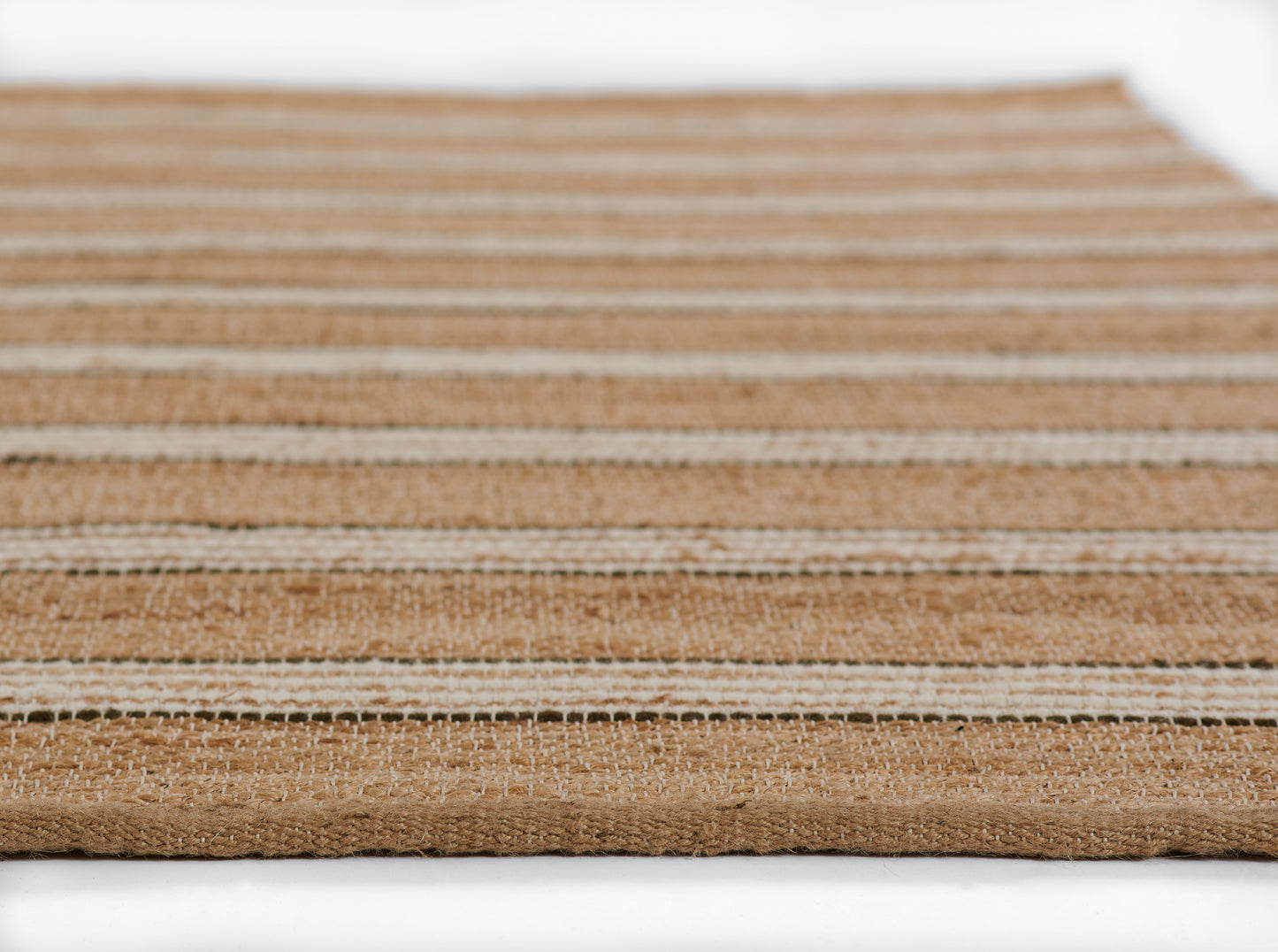 Brown striped woven jute rug runner with beige stripes, natural fiber, rectangular floor mat.