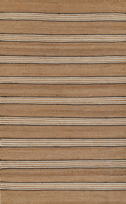 Brown woven rug with beige and dark brown stripes; rustic jute texture for boho floor covering.