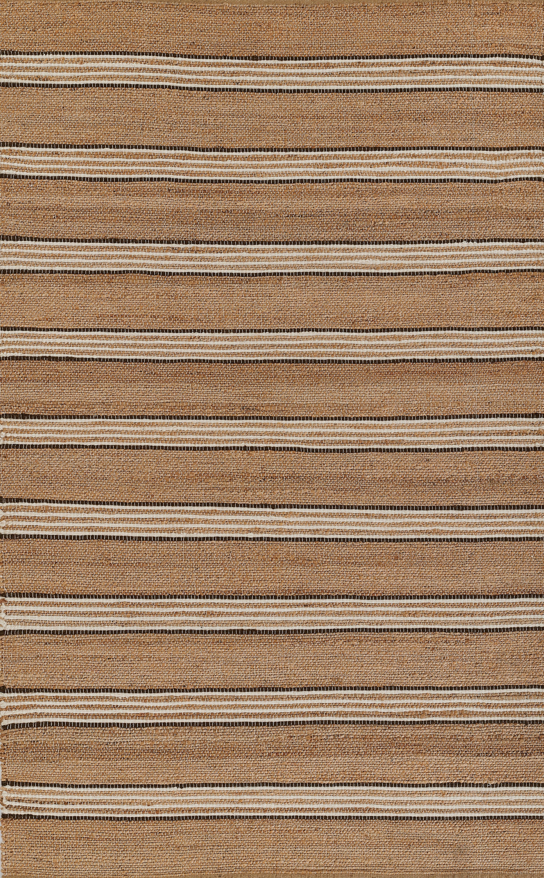 Coarse brown woven rug with cream and black horizontal stripes; rustic jute texture.
