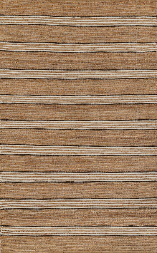 Coarse brown woven rug with cream and black horizontal stripes; rustic jute texture.