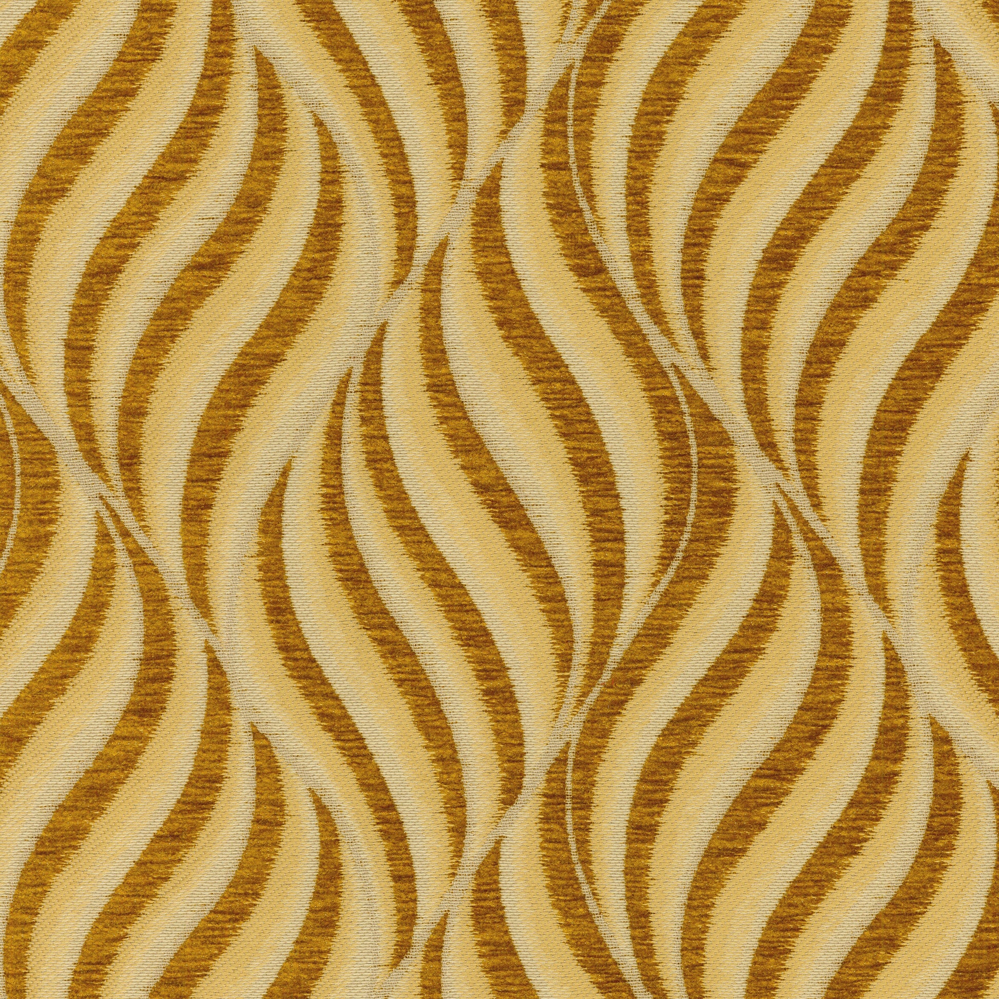 Gold and cream wavy striped chenille fabric pattern; luxe upholstery texture for cushions or drapes.