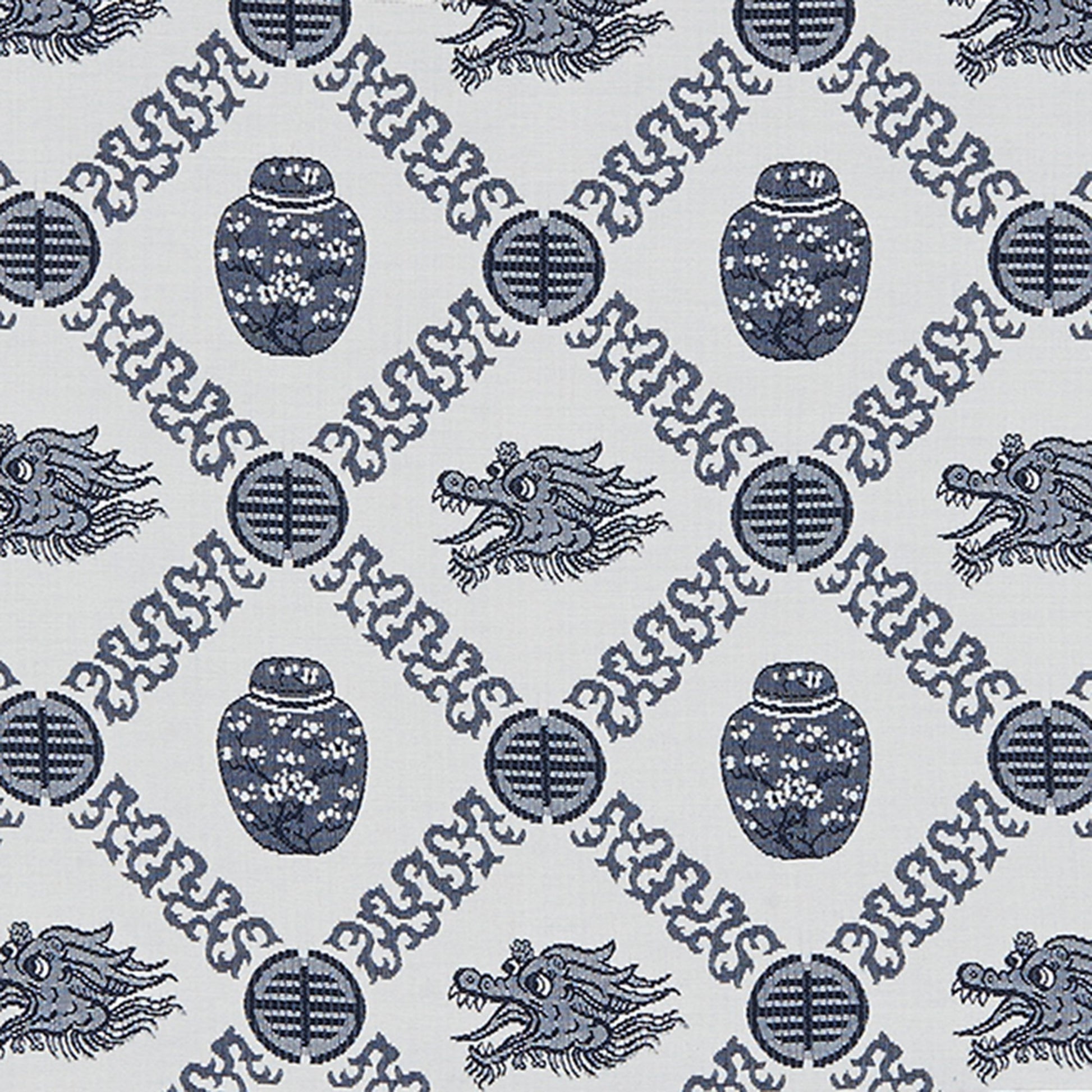 Blue-and-white porcelain motif featuring vases, dragons and circular medallions in a repeating pattern.