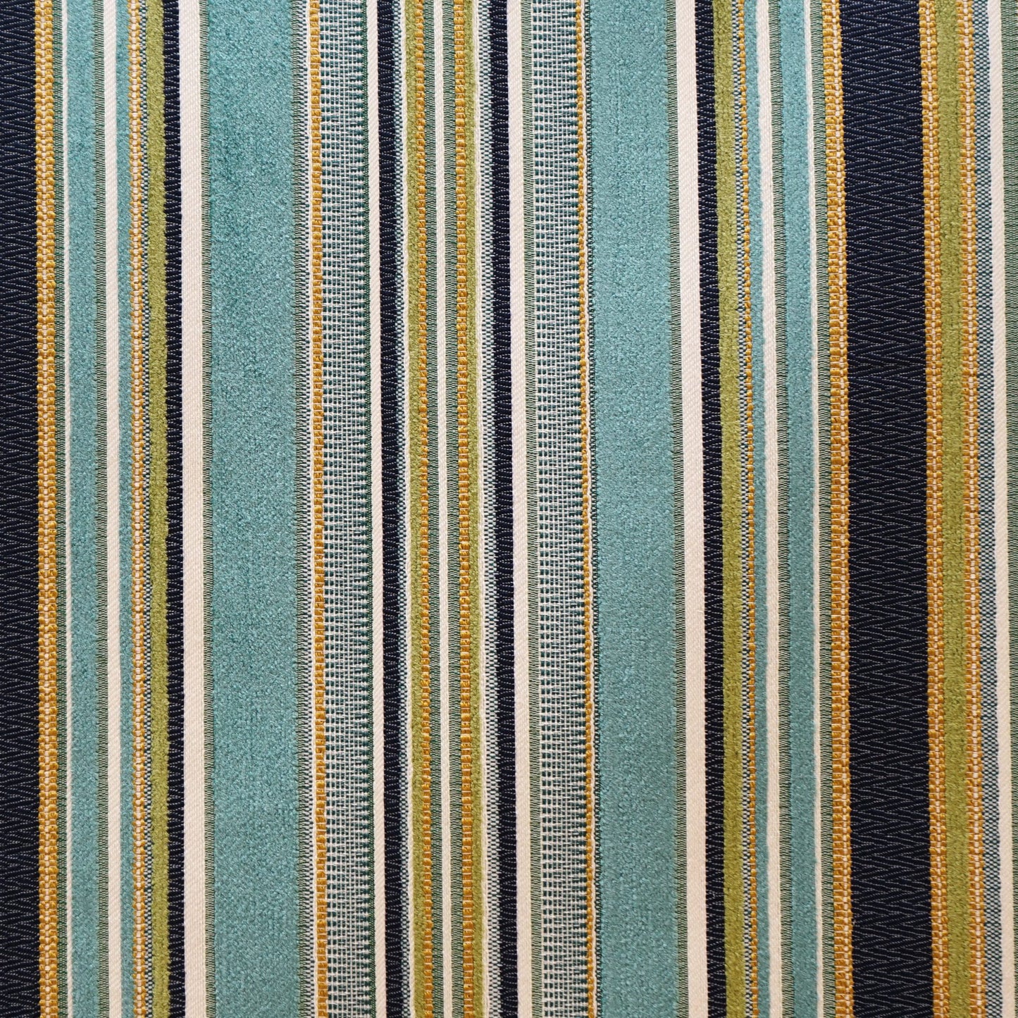 Vertical blue striped woven upholstery fabric; bold stripe pattern in a chenille jacquard weave.