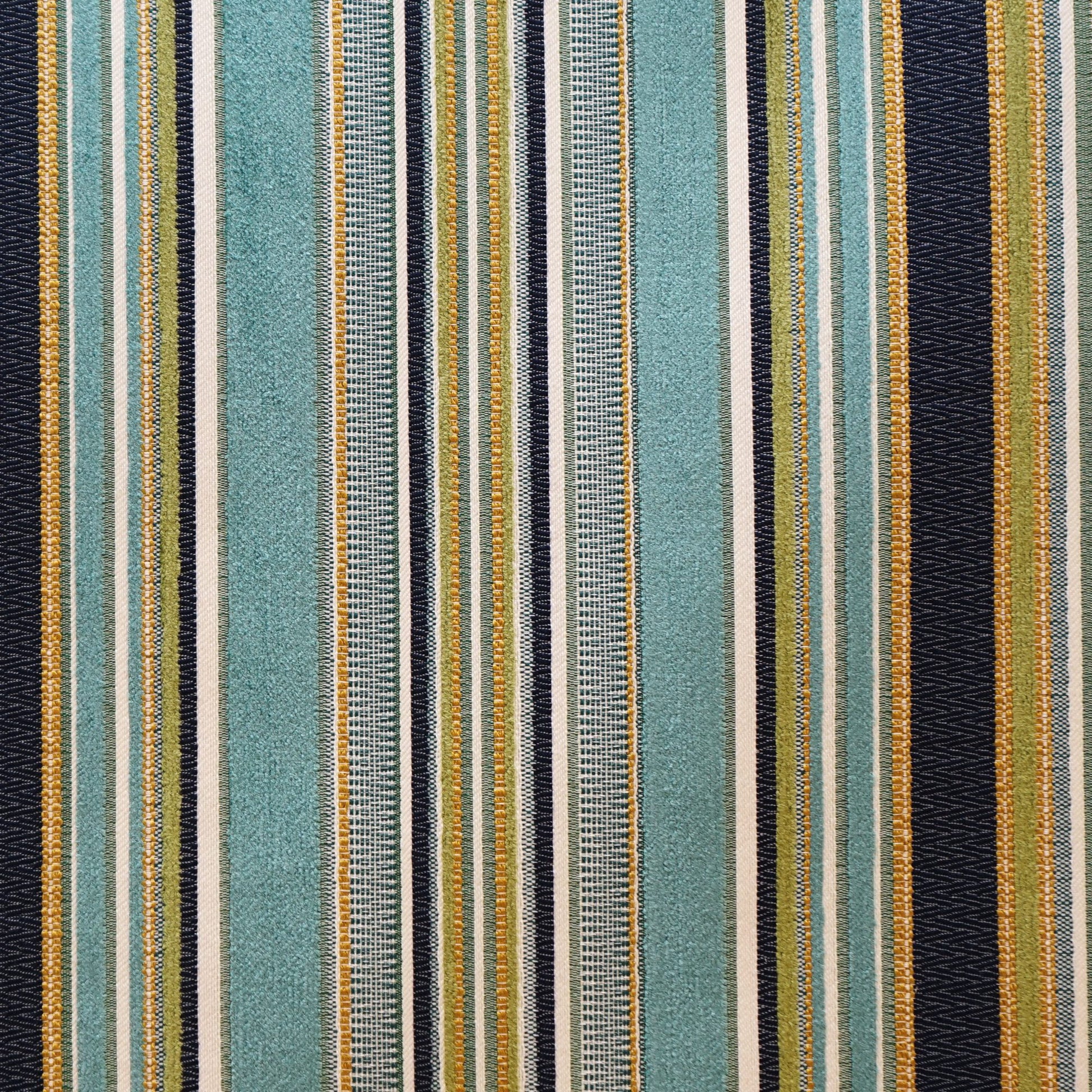 Vertical blue striped woven upholstery fabric; bold stripe pattern in a chenille jacquard weave.