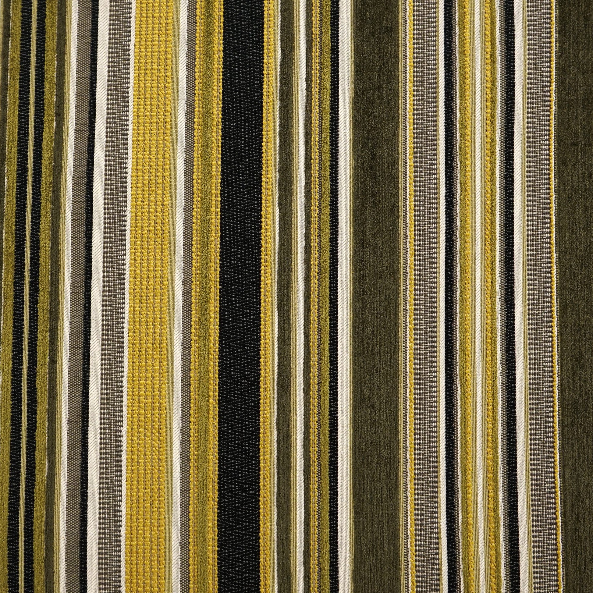 Striped green upholstery fabric with a woven chenille and jacquard texture.