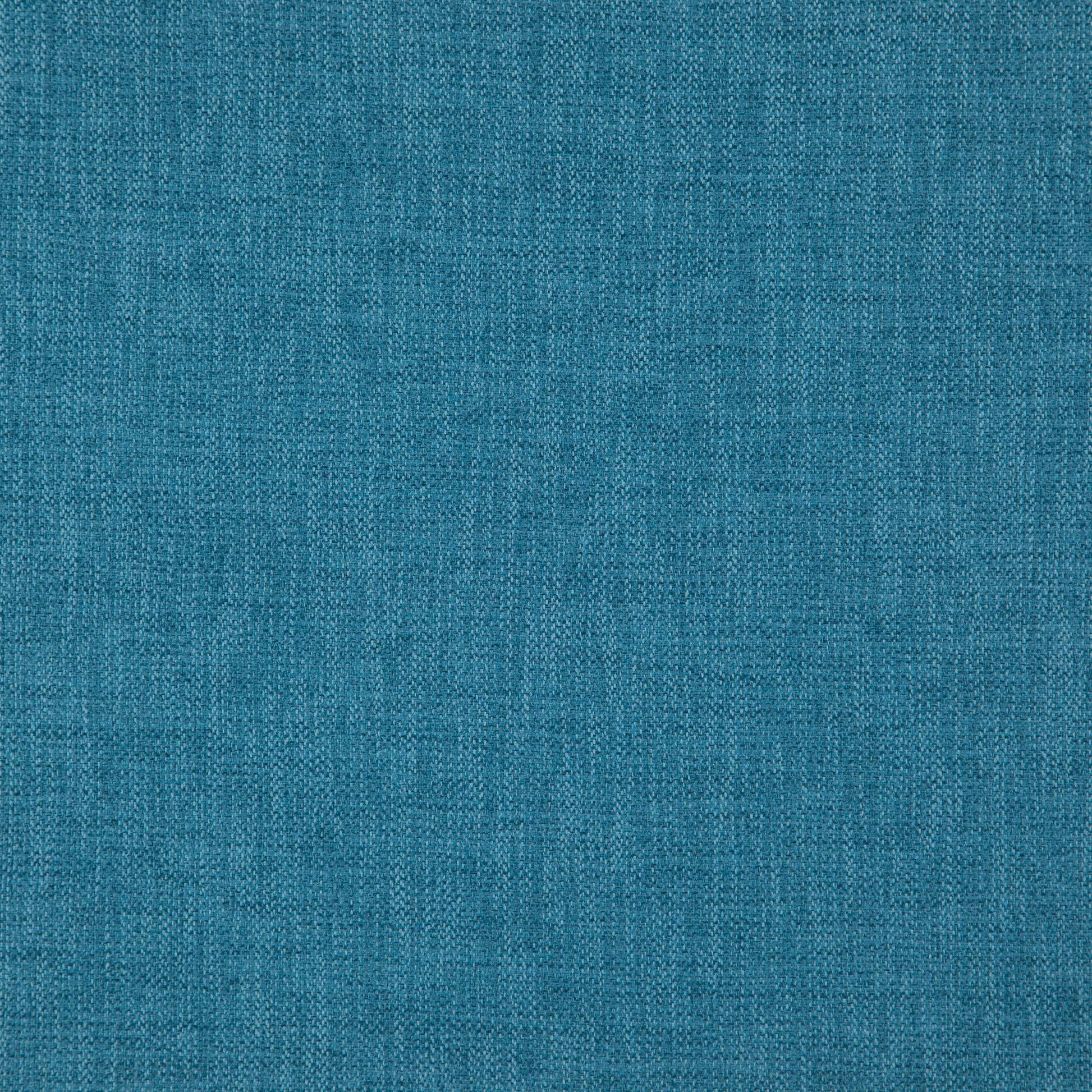 Close-up of blue woven linen fabric texture with visible threads.