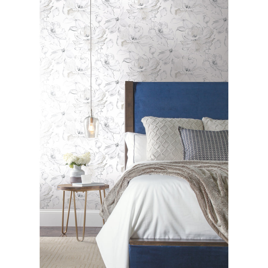 York Wallcoverings Floral Dreams Wallpaper in Grey Mix with oversized floral blossoms drawn in soft grey, beige, and neutral tones against white. Elegant botanical wallpaper with a light watercolor and hand-sketched look, ideal for a bedroom accent wall, dining room, bathroom, home office, cottage decor, traditional interiors, or soft neutral design.