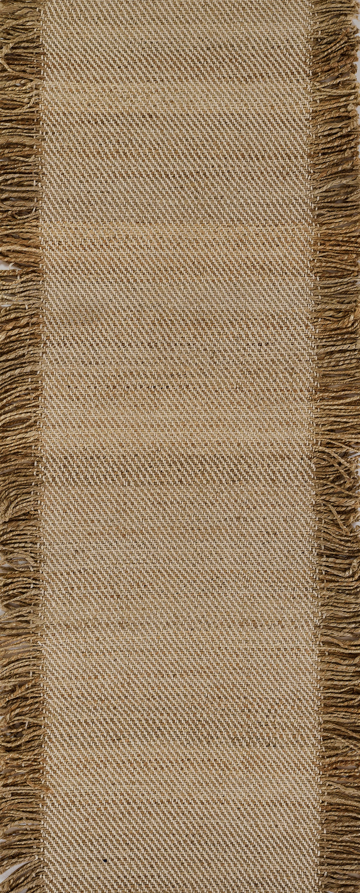 Natural beige herringbone runner rug with brown tassel fringe along both long edges.