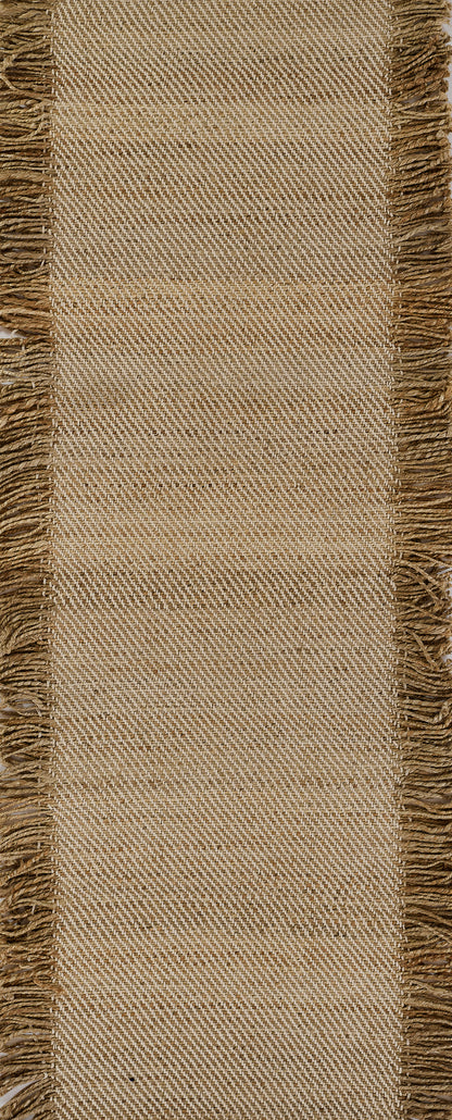 Natural beige herringbone runner rug with brown tassel fringe along both long edges.