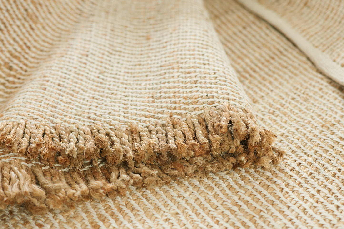 Natural beige woven rug with jute texture and fringe trim.