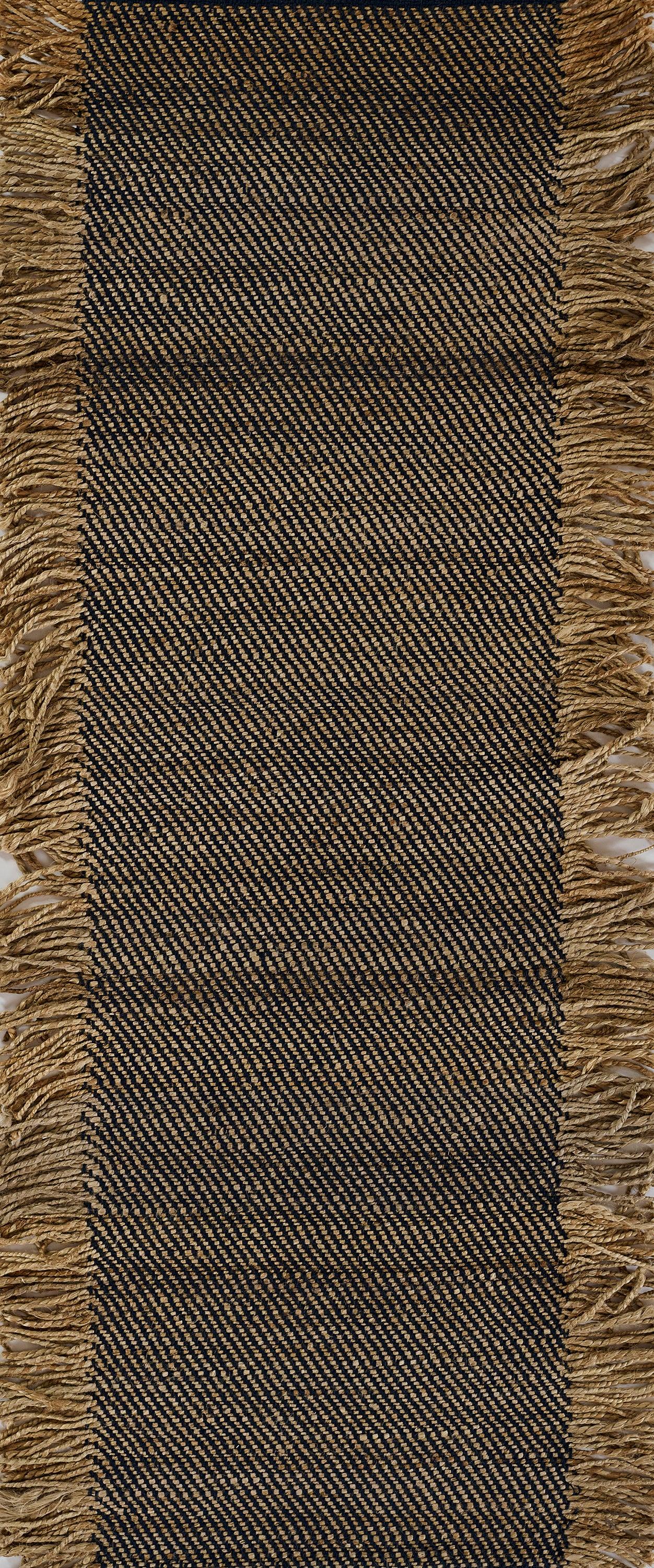 Navy & beige woven rug runner with diagonal stripe pattern & natural jute fringe on ends.