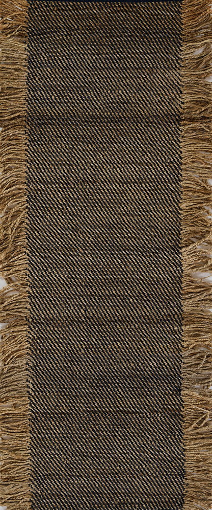 Navy & beige woven rug runner with diagonal stripe pattern & natural jute fringe on ends.