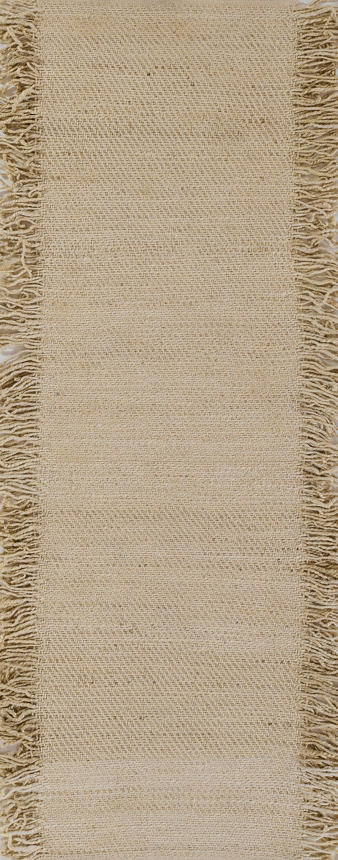 Natural beige woven rug runner with fringed edges on both sides; rustic jute texture, ideal hallway or table decor.