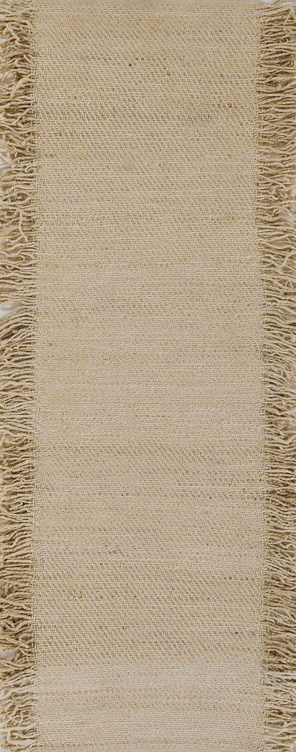 Beige woven rug with fringed edges; textured jute-like weave and neutral rectangular floor decor.