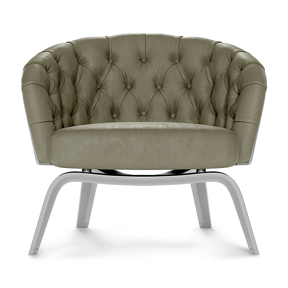 Slate solid fabric tufted accent chair with button-back; rounded arms and curved light-gray metal legs.