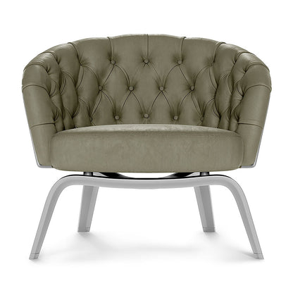 Slate solid fabric tufted accent chair with button-back; rounded arms and curved light-gray metal legs.