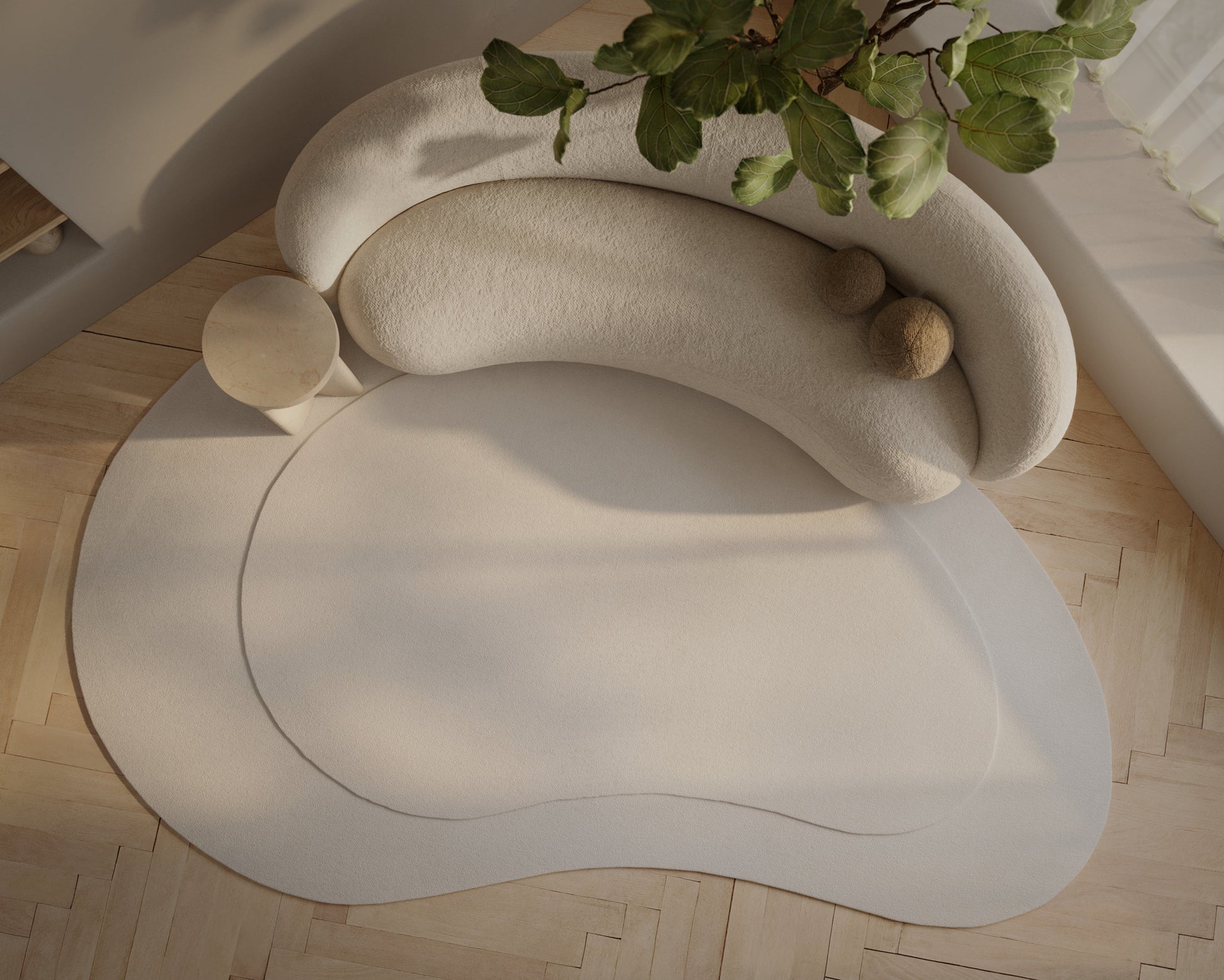 Cream area rug on a light floor with a plant nearby.