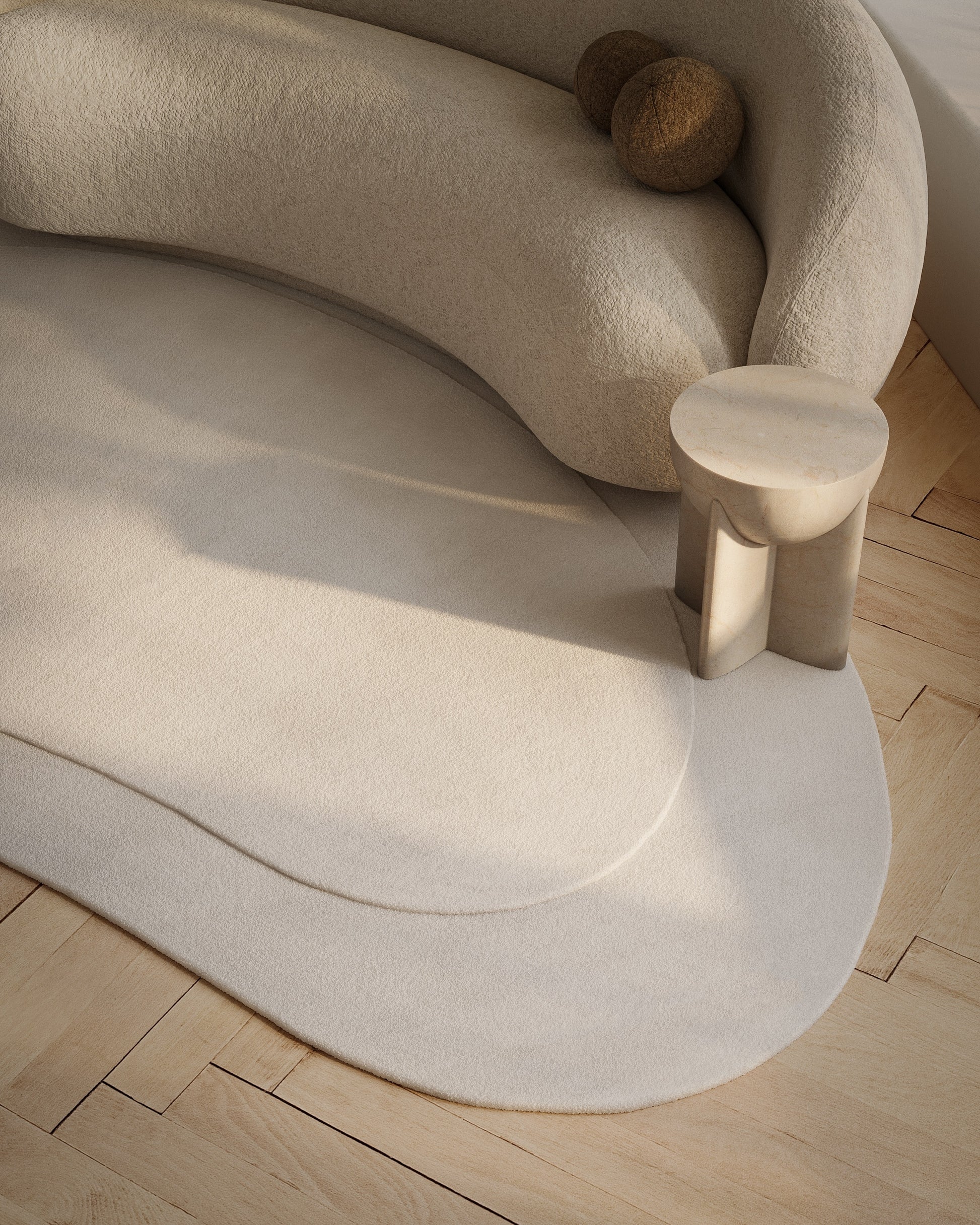 Cream plush curved rug on light wood floor in a modern minimalist lounge.