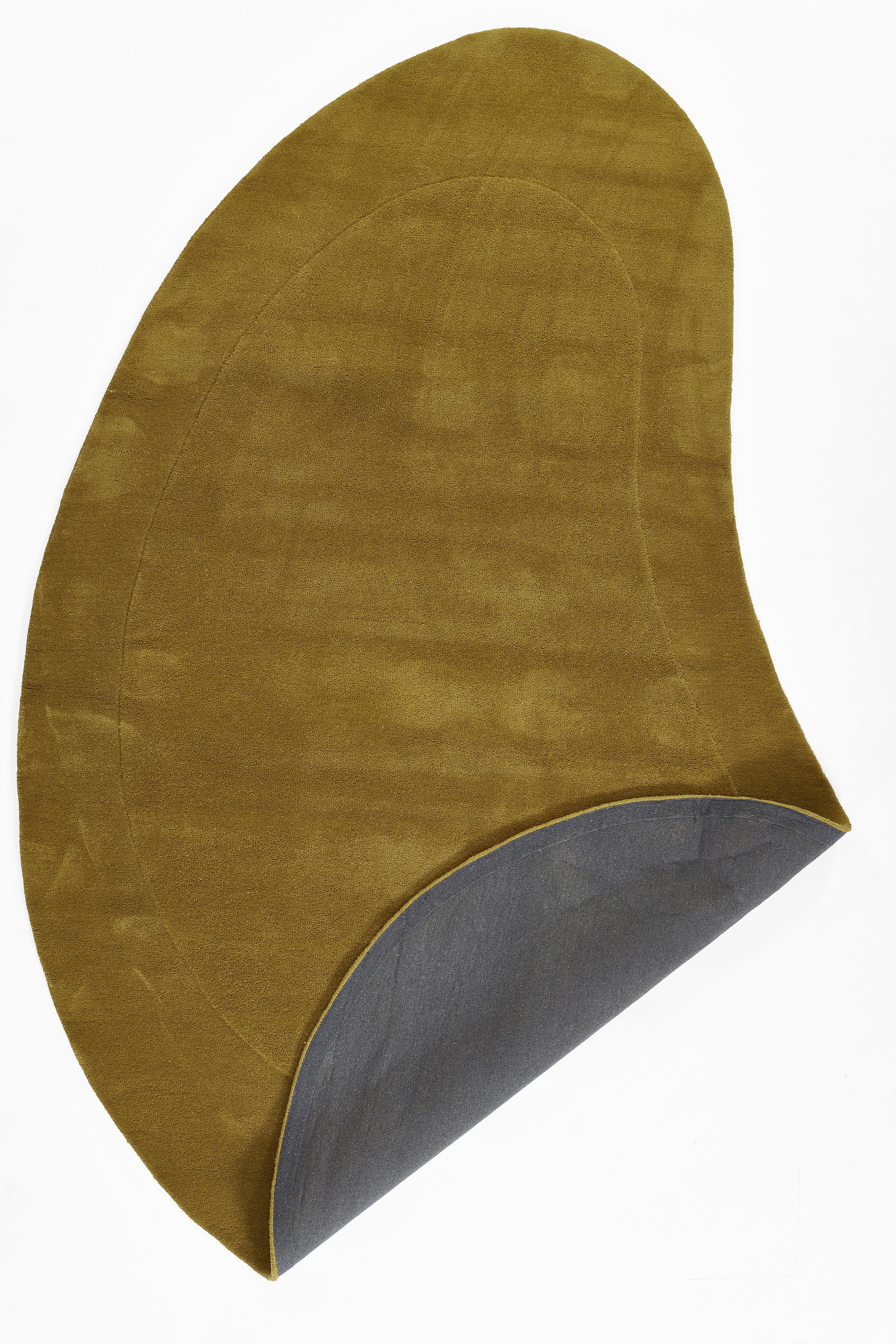 Mustard-yellow curved seat cushion with gray underside; modern oval/kidney shape for lounge or chair.