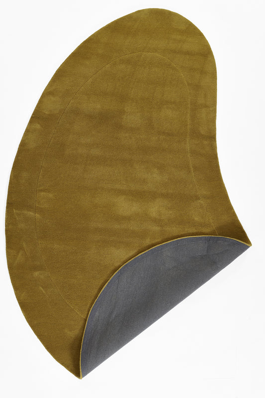 Mustard-yellow curved seat cushion with gray underside; modern oval/kidney shape for lounge or chair.