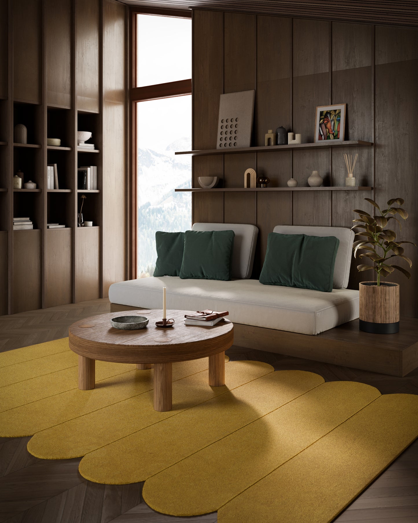 Modern living room with a 9' x 12' yellow scalloped rug, white sofa with green cushions, plant, and wood shelving.