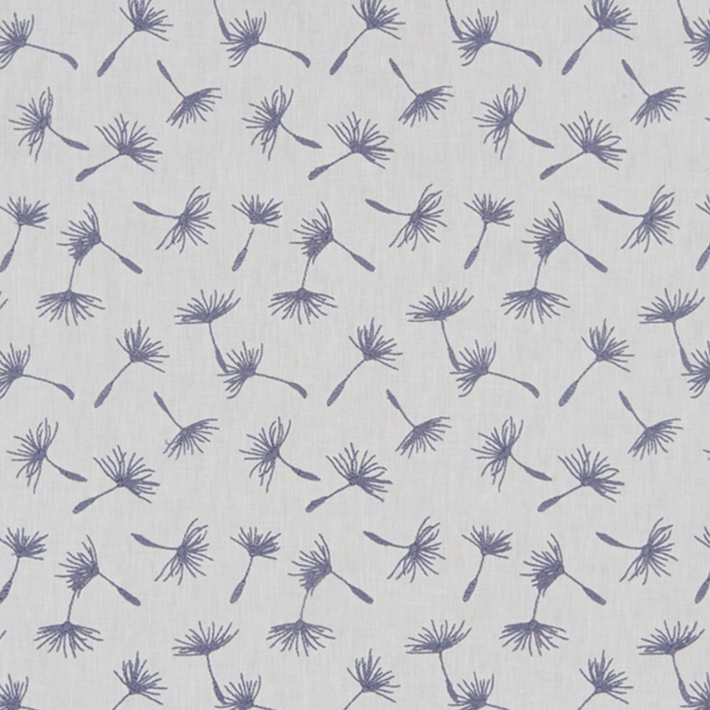 Blue dandelion-like seed heads embroidered on light gray fabric in a repeating pattern
