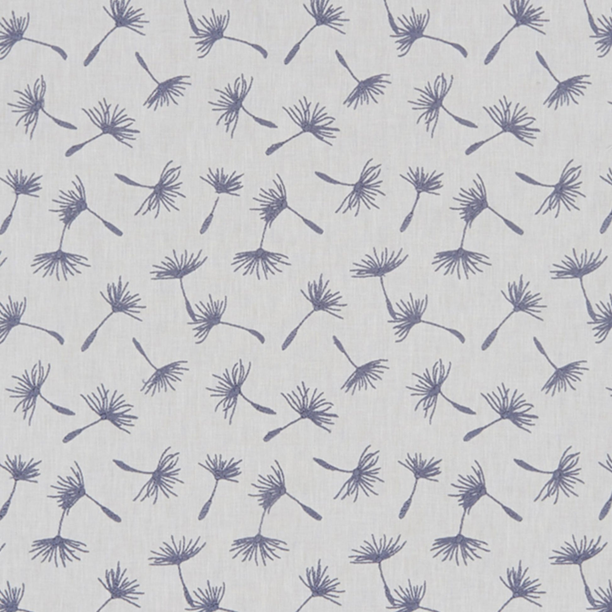Blue dandelion-like seed heads embroidered on light gray fabric in a repeating pattern