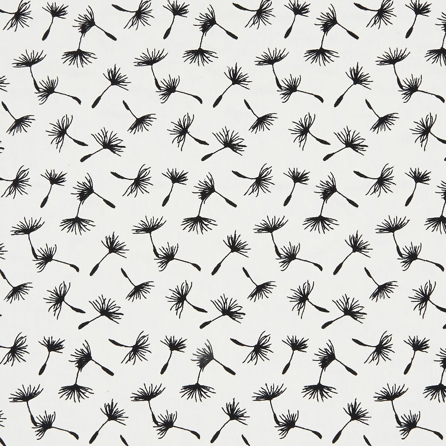 Repeating black floral pattern on an off-white background; embroidery-style botanical print for fabric.