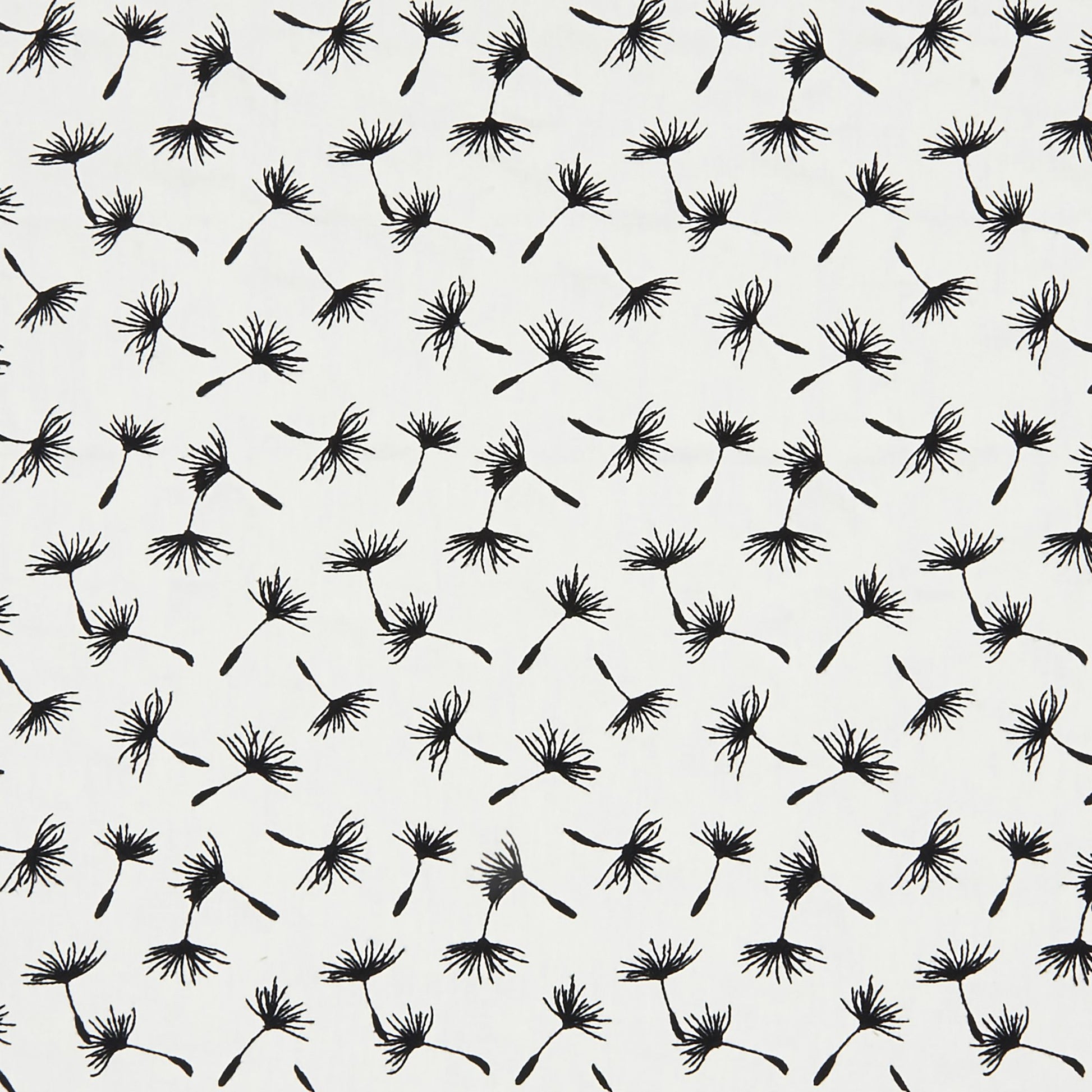 Repeating black floral pattern on an off-white background; embroidery-style botanical print for fabric.