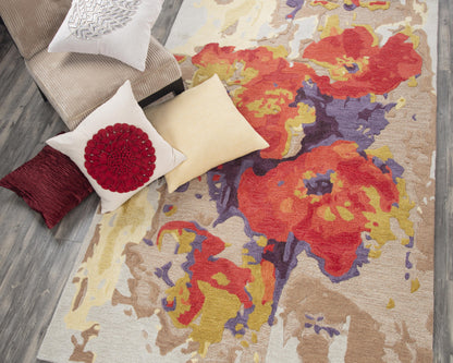 8x10 orange floral wool area rug with botanical pattern, hand tufted modern rug with loop and cut pile texture, hand carved wool rug for living room dining room or bedroom, soft durable luxury rug with orange and coral tones, contemporary statement rug for elegant home decor
