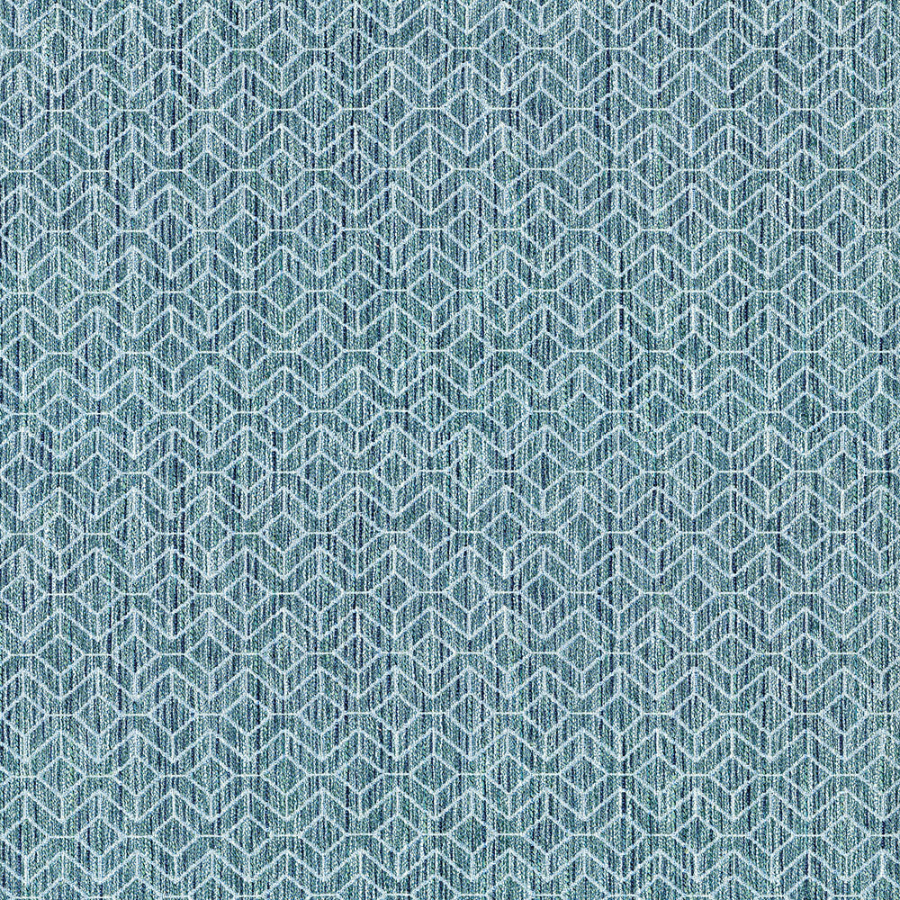 Blue-gray fabric featuring a narrow geometric stripe border along the right edge.