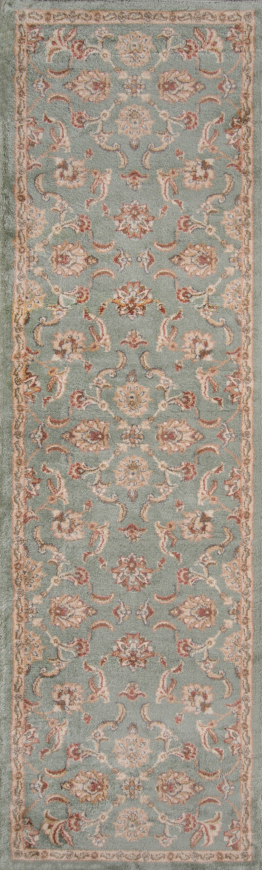 Teal rug with ivory and pink floral damask pattern and beige border; traditional Oriental style.
