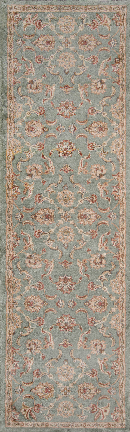 Teal rug with ivory and pink floral damask pattern and beige border; traditional Oriental style.