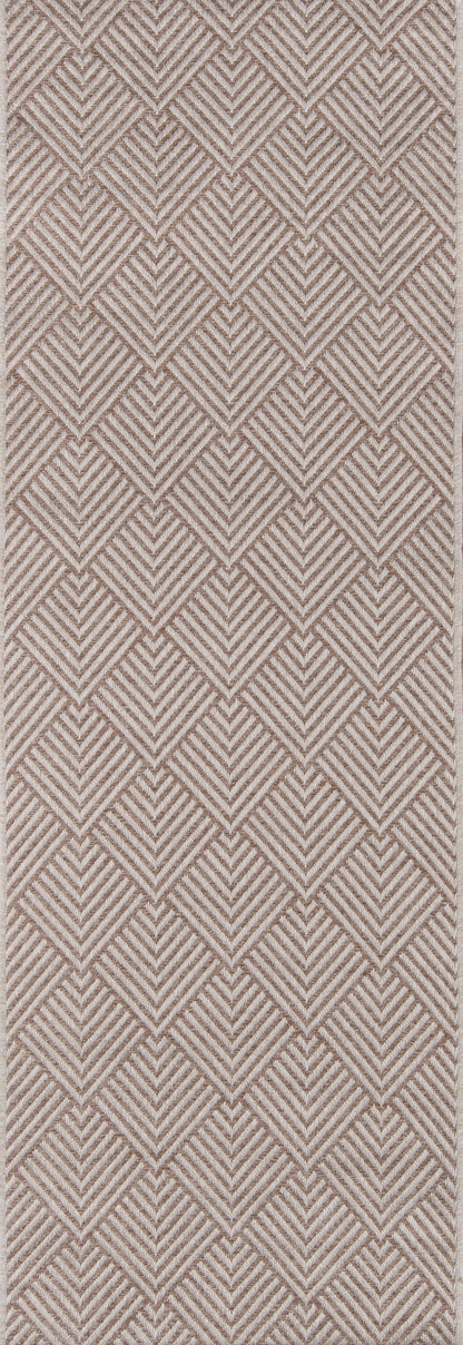 Beige textile with a repeating geometric chevron and diamond pattern in brown; subtle woven texture.