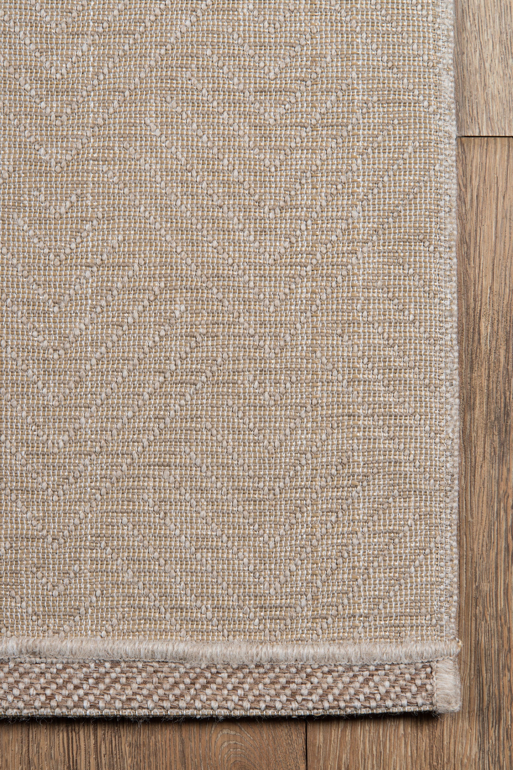 Beige woven area rug with a subtle geometric pattern and textured border on wood flooring.