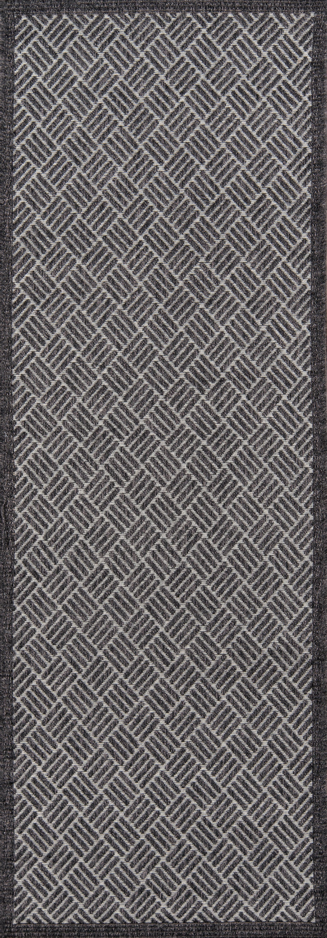 Rectangular gray rug runner, 3' x 8', with a textured weave and subtle diamond-pattern design.