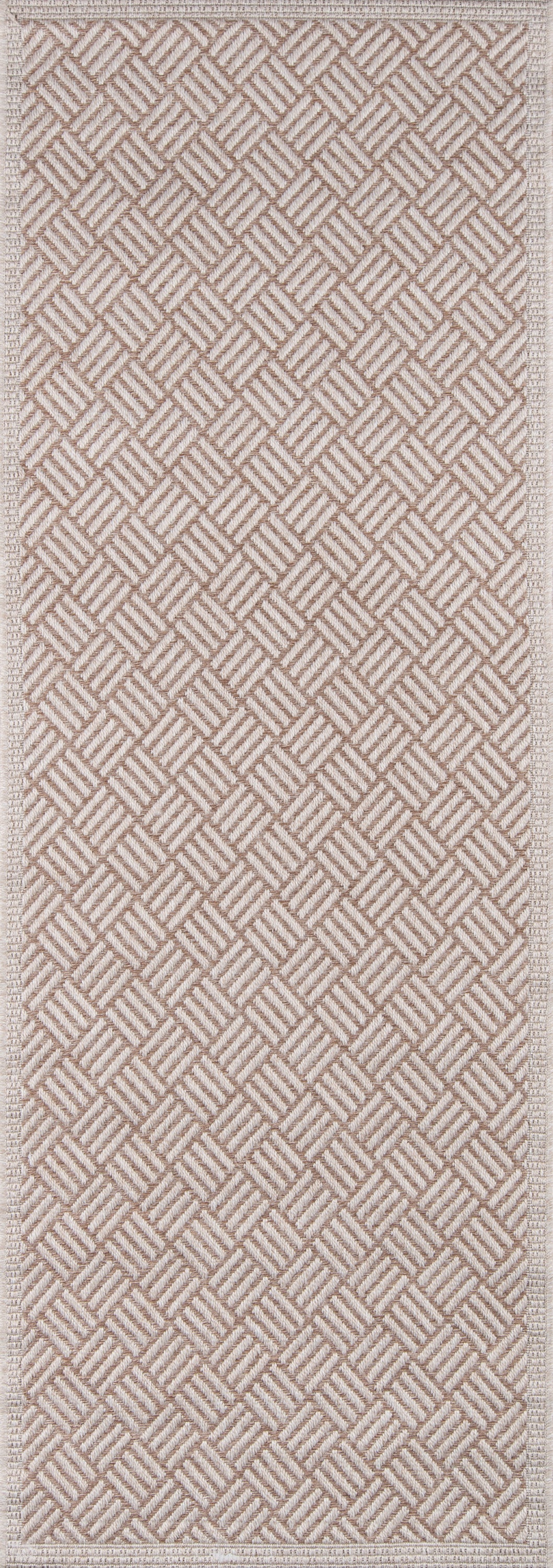 Tan woven runner rug with a repeating diamond lattice pattern and slim border.