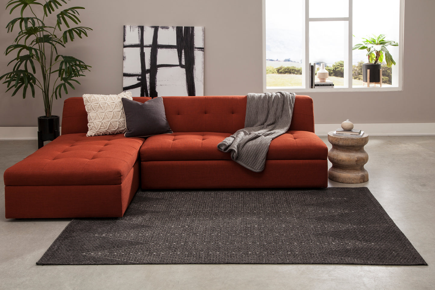Burnt-orange rug, 2' x 3', in a modern living room setting.
