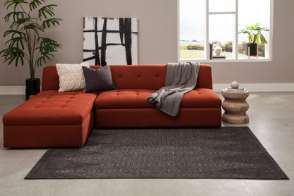 Red-orange area rug in a modern living room, 5' x 8'.