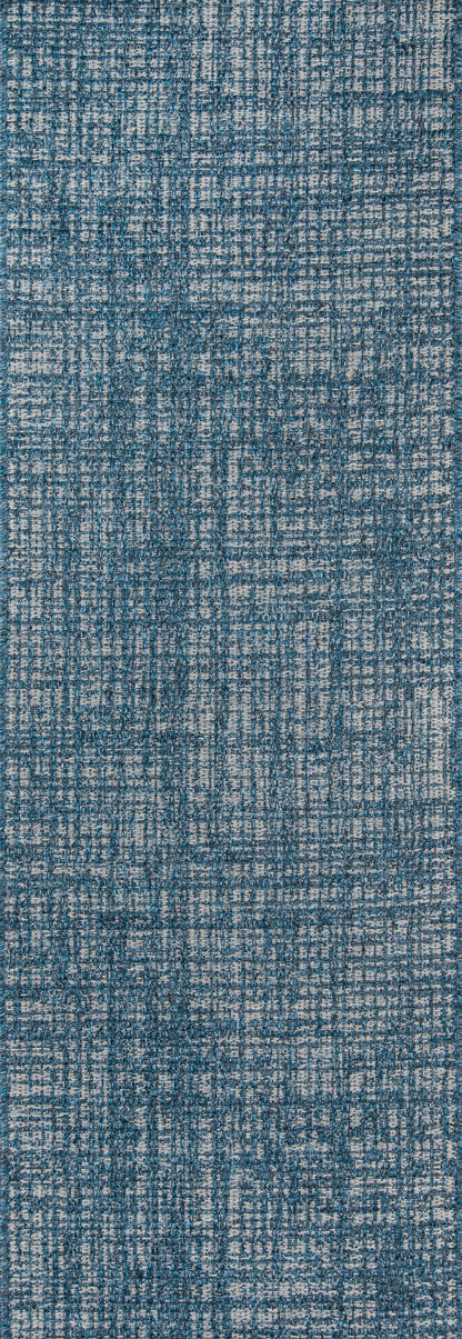 Blue woven rug with light beige grid texture; modern geometric style, low-pile, ideal for living rooms.