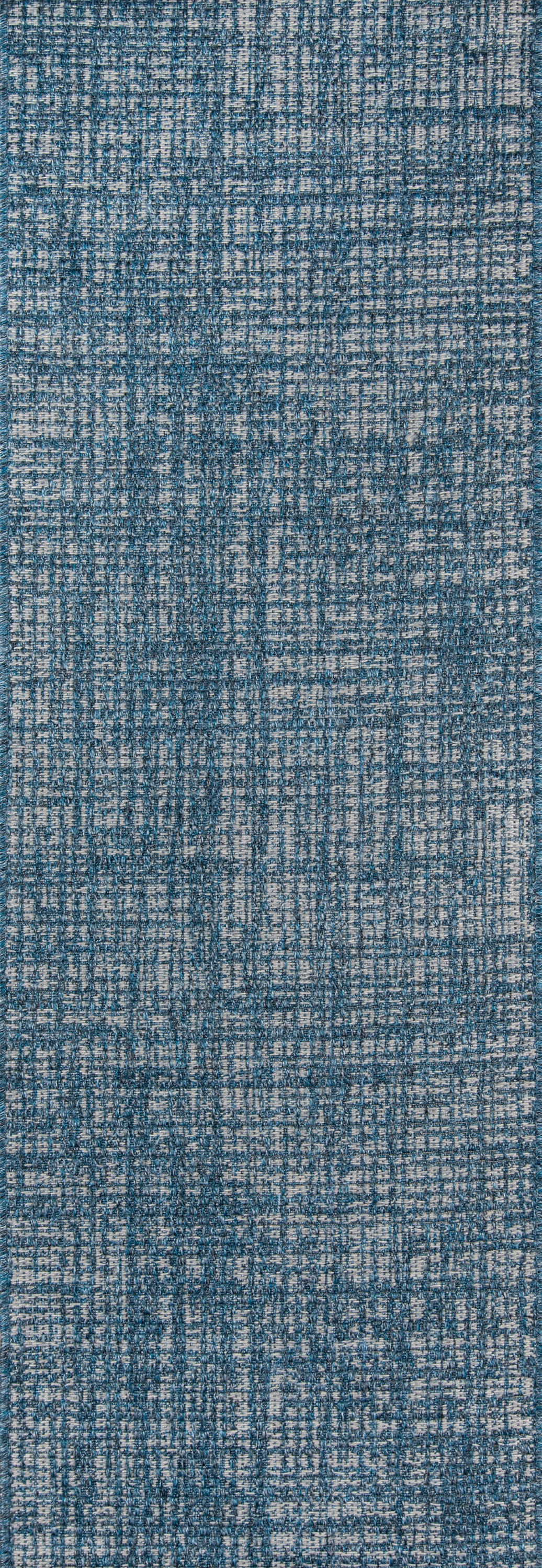 Blue woven rug with a textured grid pattern & gray-white flecks; modern floor covering.