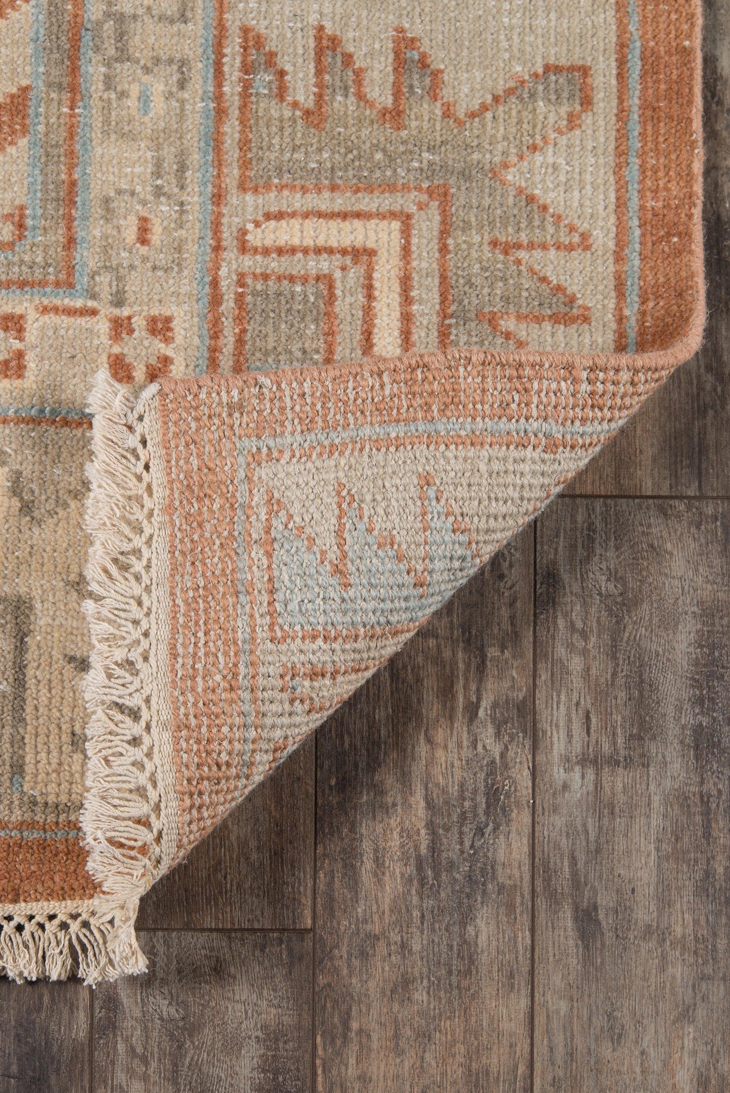 Boho geometric woven area rug in warm beige, rust & pale blue with fringe on a wood floor.