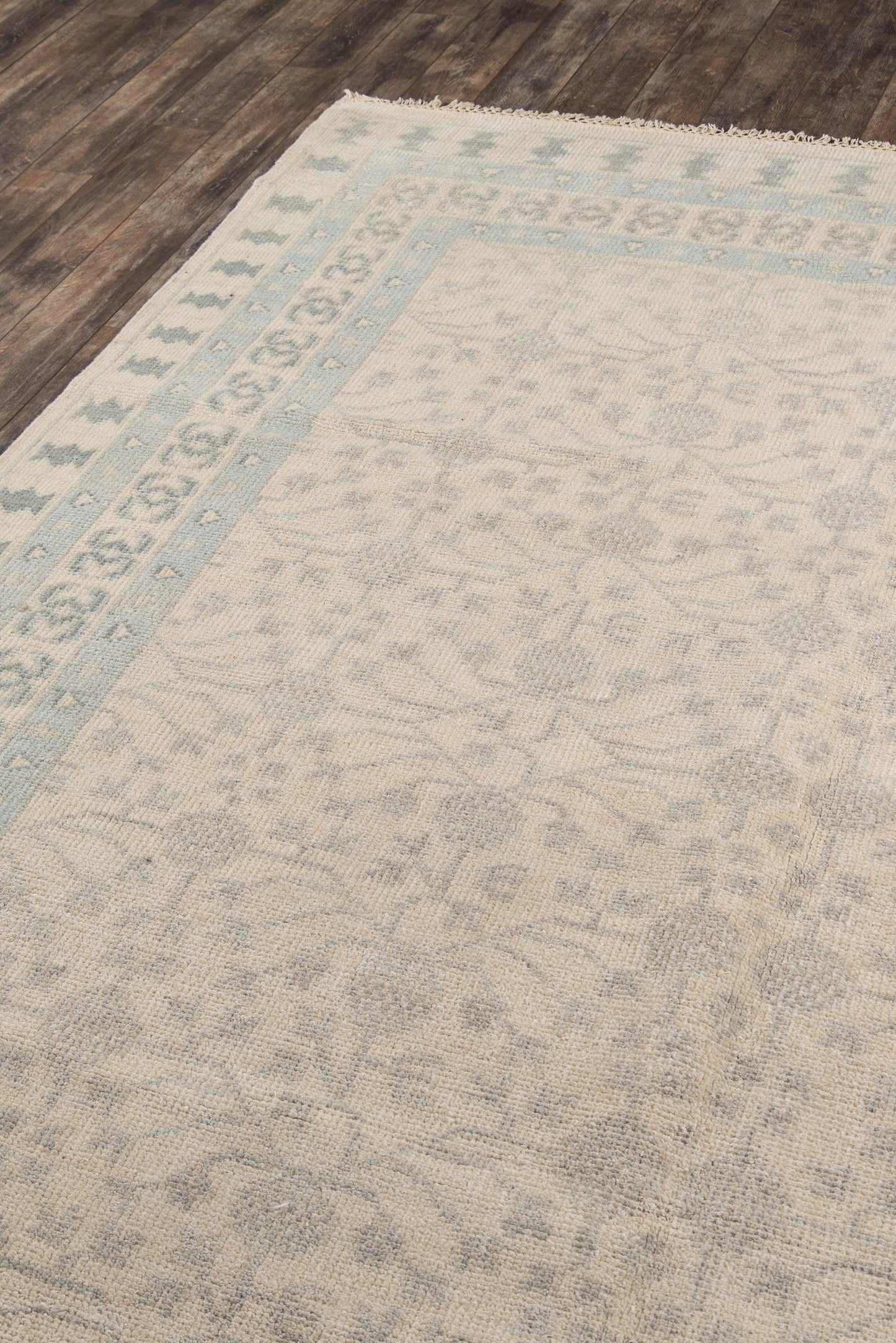 Ivory area rug with pale blue border and subtle floral pattern; fringed edges on wood floor.