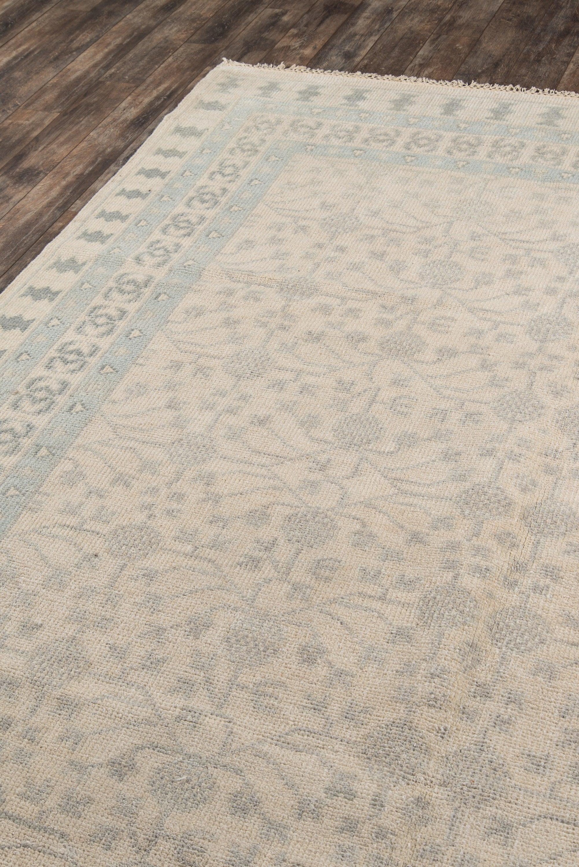 Ivory area rug with pale blue border and subtle floral pattern; fringed edges on wood floor.