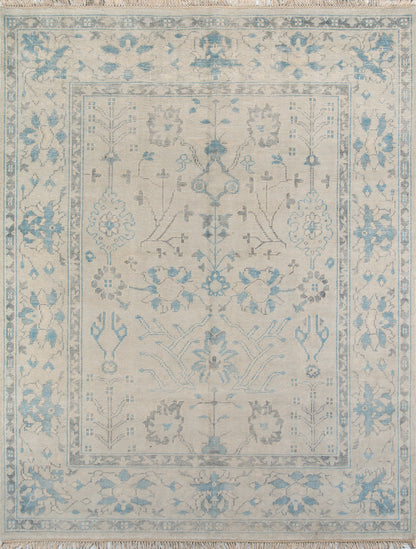 Ivory rectangular rug with pale blue floral border and distressed Persian-inspired pattern for living room decor.
