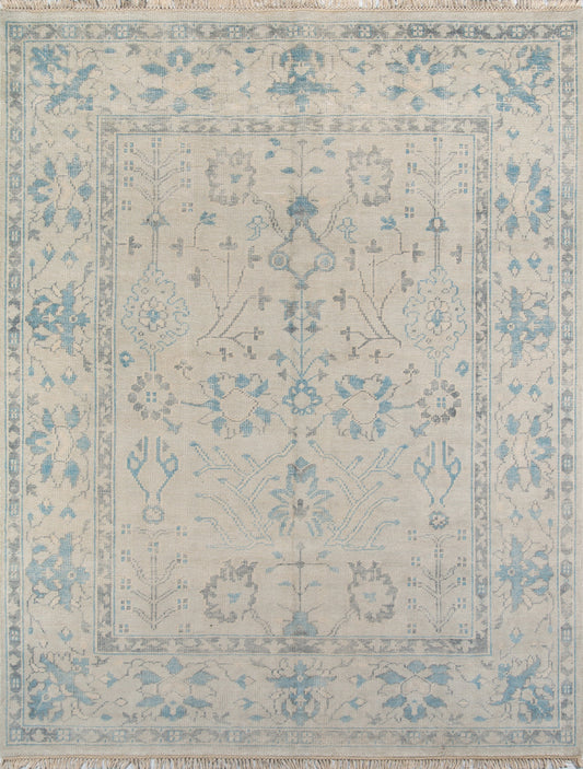 Ivory rectangular rug with pale blue floral border and distressed Persian-inspired pattern for living room decor.