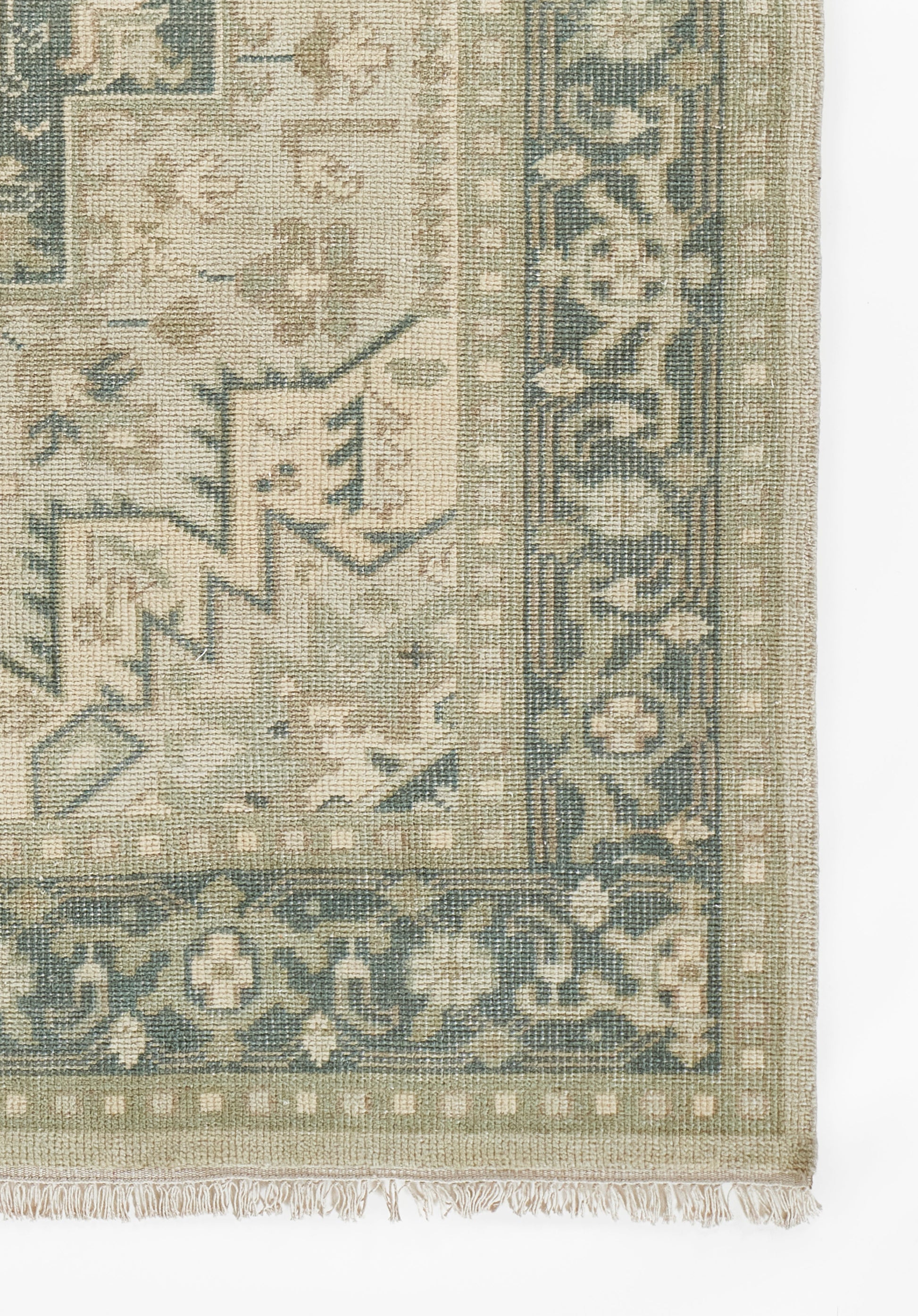 Muted green & beige oriental rug with blue border, intricate geometric floral pattern, fringed edge.