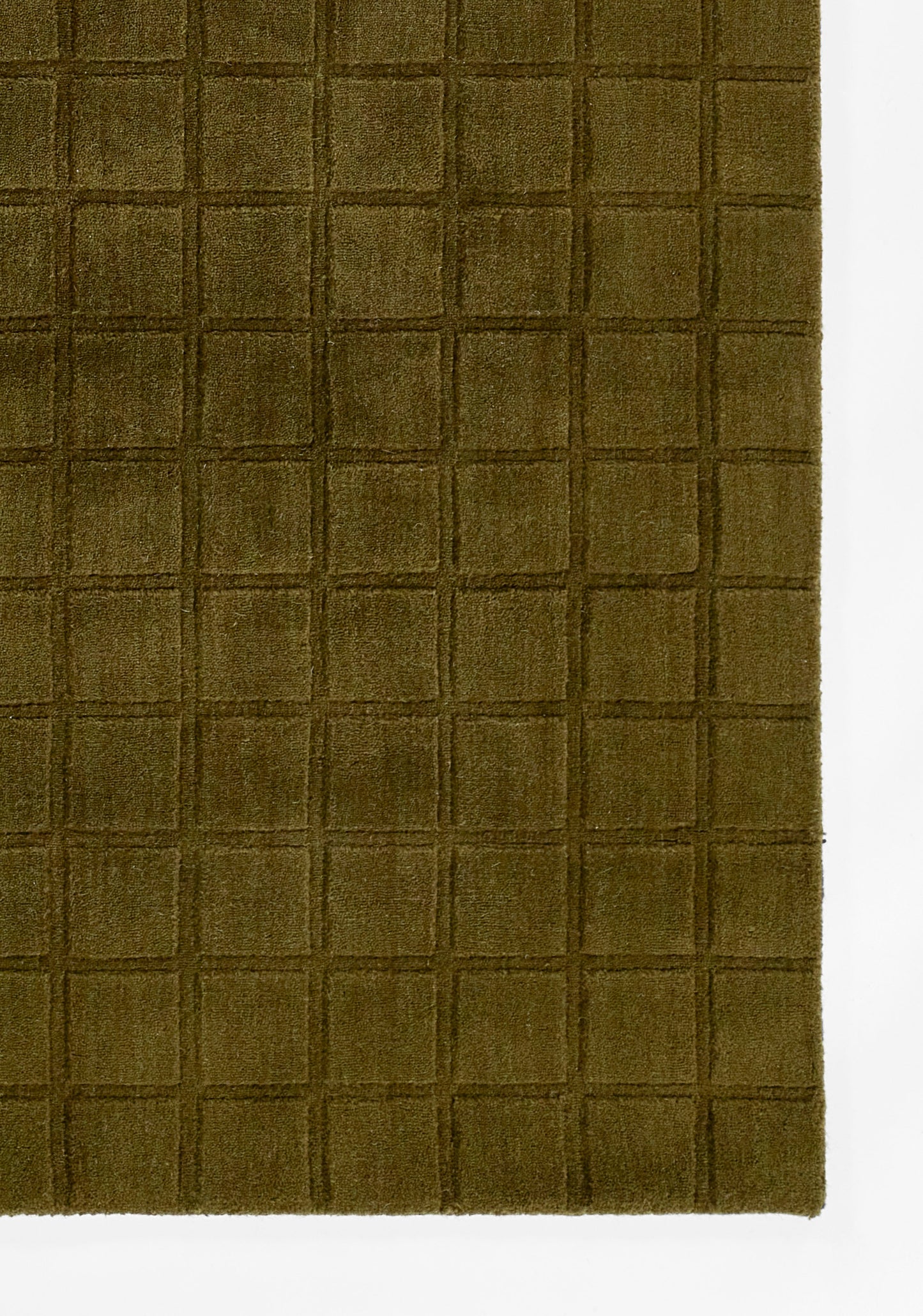 Olive-green fabric with a uniform square-grid pattern & stitched lines; textured quilted look for upholstery & accessories.